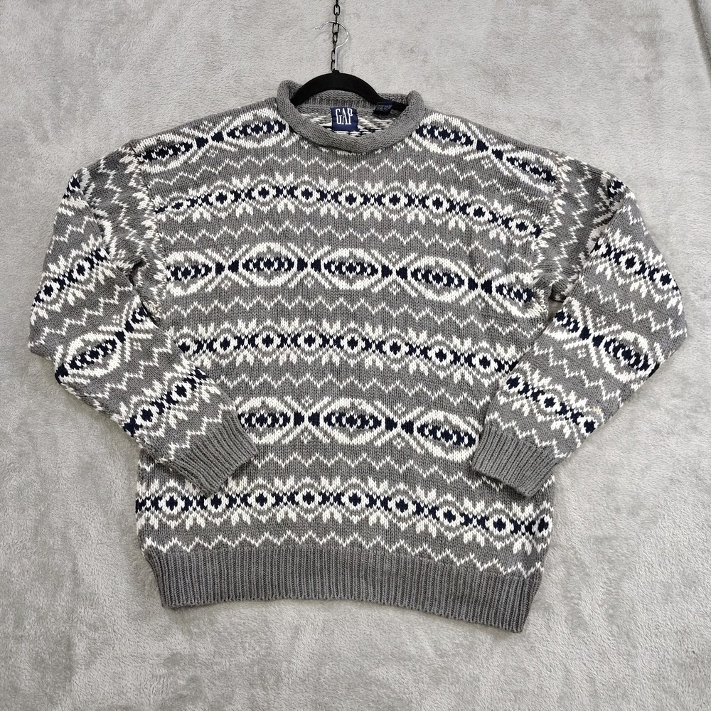 Vtg 90s Gap Sweater Men's L Ski Nordic Fair Isle Heavy Cotton Knit Rolled Neck